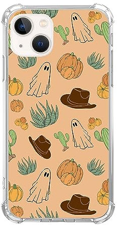 Rewput Halloween Ghost Cactus Phone Case for iPhone 15 Plus, Western Cowboy hat Pumpkin Cover for Women Men Girls Boys, Trendy Design TPU Bumper Case for iPhone 15 Plus