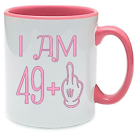 Crunchy Carrots 50th Birthday Gift idea, Turning 50 Years Old Funny Rude Joke Birthday Celebration Cup 11 oz Coffee Mug for Men and Women Pink Inside and Pink Handle (49+1)