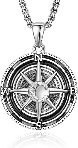KINGWHYTE Collana da uomo con bussola in argento Sterling S925, ciondolo a bussola per compleanno, regalo di laurea, gioielli per uomini e donne, Argento sterling, Zirconia cubica