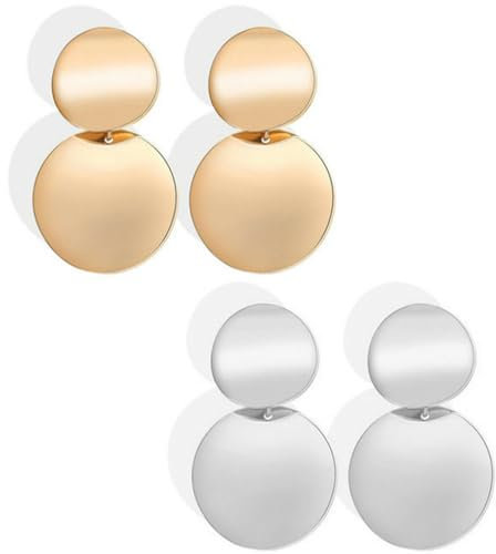 Liitata Metallic Geometrische Ohrringe - Boho Runde Große Doppelkreis Ohrstecker Vintage Scheiben für Mädchen Frauen - Gold Silber