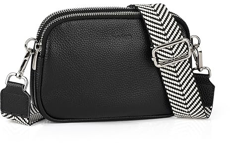 befen Genuine Leather Black Crossbody Bag for Women Small Handbags Double Pockets Mobile Phone Shoulder Bag-Black