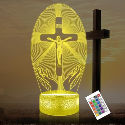 OkiyiD Jesus-Kreuz-3D-Nachtlicht, Church Illusion Hologramm Lampe, Kreuz 3D Nachtlicht, 16 Farbwechsel mit Fernbedienung Geburtstagsgeschenk für Frau Mann Kind Weihnachten Ostergeschenke(Kreuzigung)