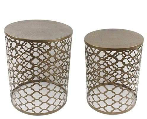 Casa Moro Orientalischer Beistelltisch Arabesk 2er Set rund in Antik-Messing Look aus Metall | Kunsthandwerk | Couch-Tisch in marokkanischen Stil | IR-5846