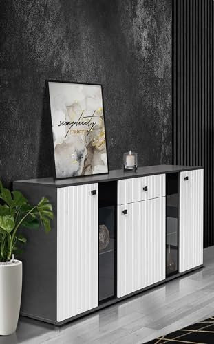 Furnix 3-türig Sideboard Sarai Front Lamellen ohne LED Kommode mit Glastüren und Schublade 140 x 80 x 40 cm Highboard Wohnzimmer Flur Schlafzimmer Anrichte viel Stauraum Matera Weiß