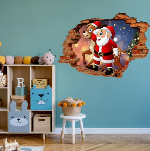 2-teilige 3d Zerbrochene Wand Elch Weihnachtsmann Wandaufkleber, Wohnzimmer, Kinderzimmer, Weihnachtsdekoration, Selbstklebende Papiertapete, 50 Bis 70cm