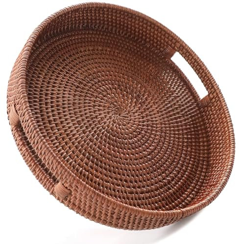HITOMEN 14.2'' Hand-Woven Round Rattan Serving Tray Decorative Ottoman Wicker Platter with Handles for Coffee Table, Breakfast, Drinks, Snack, Bread, Fruit, Vegetables (Brown - L)