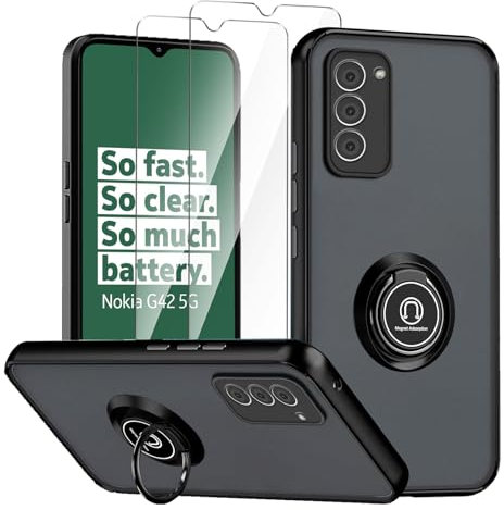 LYZXMY Case for Nokia G42 5G Black with Ring Stand Case + 2 x TempeBlack Glass Screen Protector,PC +TPU Shockproof Anti-Scratch Phone Case Cover