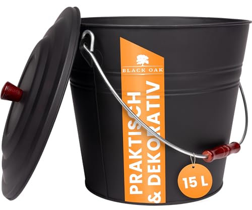 BLACK OAK Ascheeimer KATLA 15L – schwarz Deckel mit Holzknopf - groß 15 Liter - Stahl feuerfest verzinkt & pulverbeschichtet Asche & Kohle Eimer ideales Zubehör für Kamin Kachelofen Holzofen