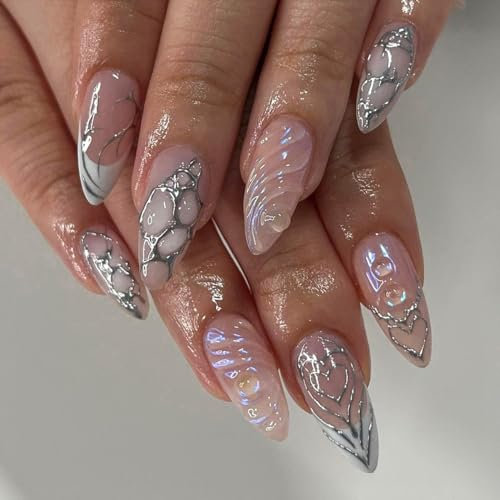 MouyouGlow Press on Nails Kurz,Almond Nude Rosa Silber Herz Print 3D Strass Wasserrippel Fake Nails mit Nagelkleber,Pink Weiss French Künstliche Fingernägel