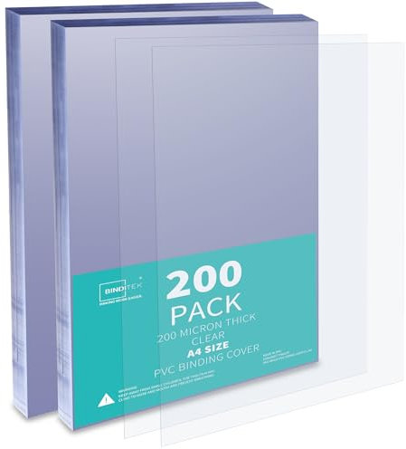 Binditek 200 Pack 200 Micron A4 Binding Covers, PVC Clear Binding Covers, Square Corners, Un-Punched, Office and School Supplies