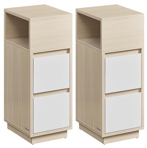 VASAGLE Nachttisch 2er Set, schmal, Beistelltisch mit 2 Schubladen, offenes Fach nach Links oder rechts flexibel montierbar, für Schlafzimmer, Wohnzimmer, naturbeige-wolkenweiß LET856N01
