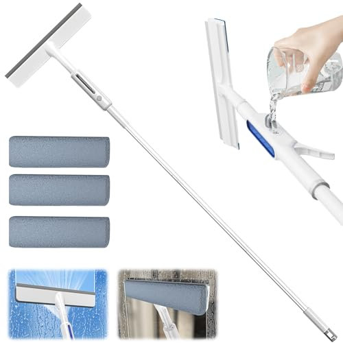 Fensterputzer mit Teleskopstiel, Fensterreiniger mit Spray, 2 in 1 Professioneller Fensterwischer Set mit 3 Mikrofaserpads, Fensterabzieher für Hohe Fenster im Innen- und Außen (Weiβ)