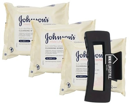 Extra Sensitive Makeup Be Gone Remover Wipes Bundled With MMJO Lifestyle Hair Grip (Colour May Vary) - Waterproof, Alcohol Free, Fragrance Free, Sensitive Skin