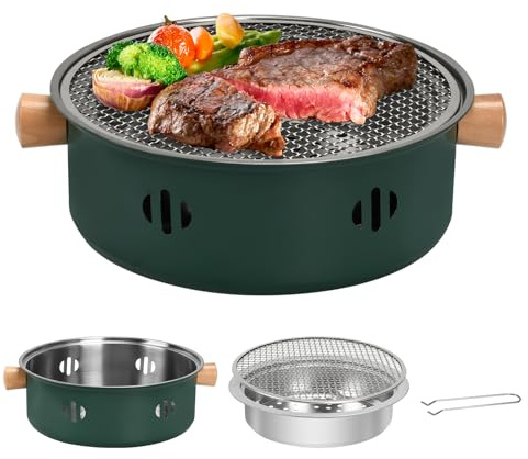 BSDLZCH Tragbarer Holzkohle-Barbecue-Grill, 1 Stück Mini-BBQ-Grill Multifunktionaler Holzkohlegrill Runder Tischgrill für Outdoor-Kochen, Heimparty, Picknick, Camping (Grün)