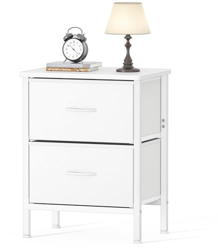 HOMIDEC Bedside Table, Bedroom Bedside Cabinet, Storage Nightstand Side Table with Metal Frame and 2 Large Capacity Fabric Drawers for Bedroom, Living Room, White
