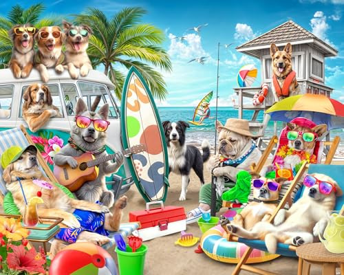 Dogs on The Beach Jigsaw Puzzle 1000 Piece by VCC - Cool Dog Puzzles for Adults & Families - Large Interlocking Pieces - 30 x 24