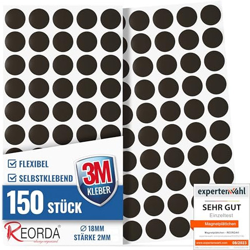 Reorda® Magnetplättchen selbstklebend (150 Kreise) | Starker 3M-Kleber ermöglicht ausgezeichnete Klebekraft | Vielseitige Flache Magnete zum basteln & schneiden | Ideal nutzbar für Schule & Büro