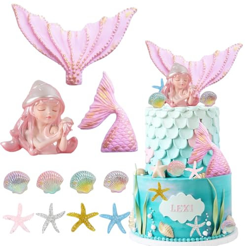 BXYIIGRU Meerjungfrau Kuchen Dekoration Unterwasser Ozean Geburtstag Dekoration Rosa Ball Cake Topper Meerjungfrau Figuren Tortendeko Geburtstag für Mädchen Junge Torten Deko