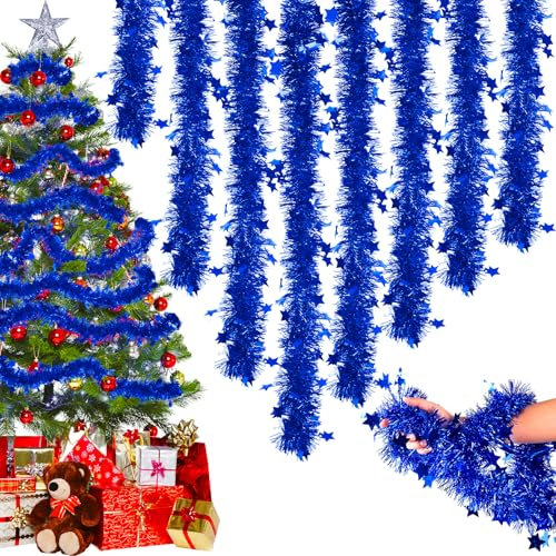 Lametta Weihnachtsbaum, 8PCS×2M Weihnachtsgirlande Lametta Girlande Weihnachten Outdoor Christmas Garland 16M Weihnachtsgirlanden Mit Sternen Verziert Weihnachtsdeko Girlande Christbaum Deko Blau