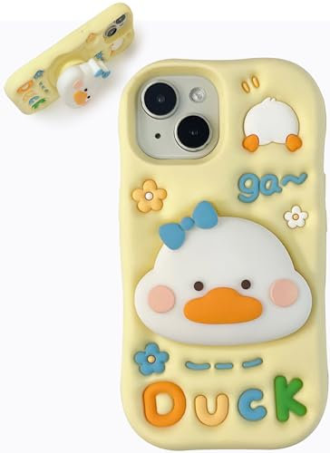 TUFTA Kawaii 3D Duck Phone Case for iPhone 12 (with Retractable Phone Stand & Grip) Cute Girly Cartoon Soft Silicone Phone Cover for Girls, Kids, Teens, and Women, Yellow
