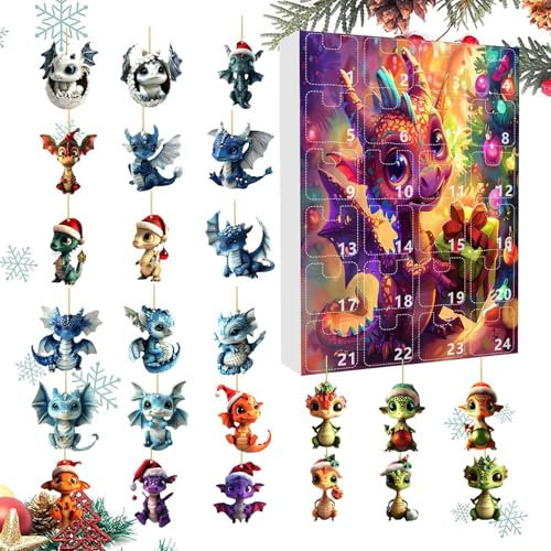 Drachen Weihnachten 2024, Dn-d Drachen Adventskalender 2024, Dinosaurier Adventskalender 2024 mit 24 Stück 2D Acryl niedlichen Drachen Weihnachtsbaumschmuck, Anime Adventskalender 2024