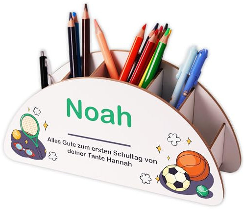 LAUBLUST Personalisierter Schreibtisch Organizer für Kinder - Holz Stiftehalter mit Name | Sport Motiv - Geschenk zur Einschulung & Geburtstag | Stifteköcher als Büromaterial Kindertisch Organizer