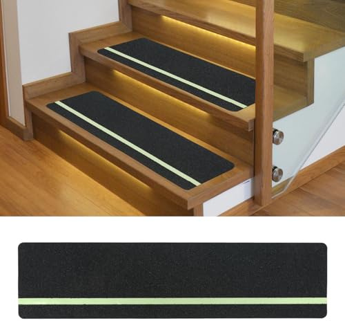 Inscrip Rutschfest Stufenmatten, Rutschfestes Klebeband Im Dunkeln Leuchtend für Treppen, Anti-Rutsch-Traktionstritte mit reflektierendem Streifen, Mattiertes Anti-Rutsch-Band, 15-Pack (Schwarz Grün)