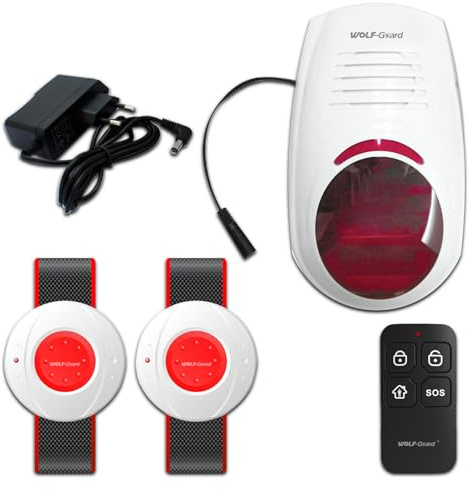 Wolf Guard W03-JA03 drahtlose Strobe blinkende Sirene Alarm-Kit wasserdicht Outdoor-Panik-Warnsystem für Business Home Shop Hotel Schule, SOS Notfall-Tasten, Remote-Tasten (Siren with SOS panics)