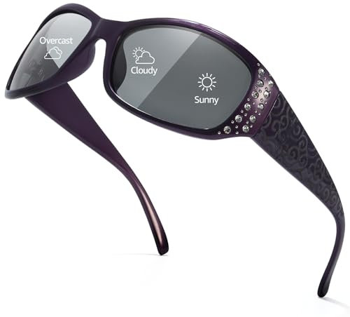 TJUTR Polarisierte Selbsttönende Sonnenbrille für Damen mit UV400 Schutz Adaptive Lens und Strass Dekoration Wellenmuster Bügel für Autofahren, Sport & Alltag