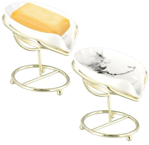 Lot de 2 Porte-Savon en Céramique, 13,5x8,5 cm Porte Savon en Forme de Feuille Auto-drainant, Support Savon, Plateau Vidange Boîte à Savon pour Cuisine Salle de Bain Douche