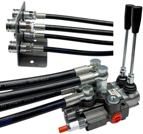 Distribuidor hidráulico para tractor, 2 palancas doble efecto 3/8, 45 litros, 300 bar, con tubos y acoplamientos rápidos push pull