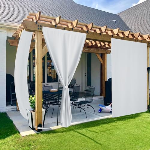 PONY DANCE Outdoorvorhänge mit Klettverschluss und Verdeckten Schlaufen Outdoor Vorhang Wetterfest Sonnenschutz Gardinen für Pavillon & Terrasse 2er Set H 213 x B 132 cm, Grau-weiß