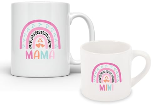 Noble & Page Mama & Mini Mug Set – 11oz Ceramic Mama Mug & 6oz Polymer Mini Mug - Pink Rainbow