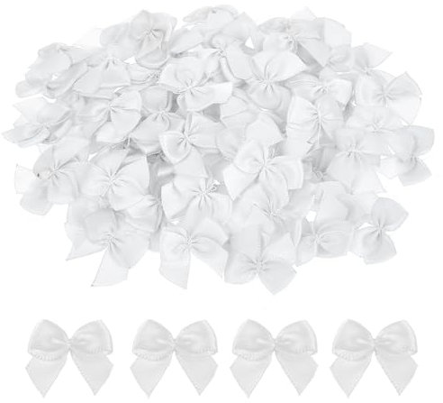 Mozeat Lens Mini Bows, 100 Pcs White Bows 1 Inch Satin Ribbon Bows Tiny Premade Craft Bows for DIY Sewing Crafts Gift Wrapping Basket Wedding Birthday Christmas Party Scrapbooking Decorations