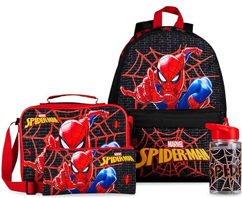 Marvel Spiderman Backpack Set 4 Pcs Kids Water Bottle 400ml Pencil Case Insulated Lunch Bag Tweens School Supplies Travel Holiday