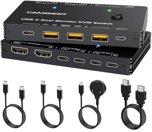 Camgeet KVM Switch USB C per 2 PC e 2 Monitor, 4K@60Hz MST HDMI KVM Switch Doppio Monitor per 2 Laptop e 2 Monitor con 4 Hub USB 3.1 da 10 Gbps, Include Cavi USB C e Telecomando Cablato