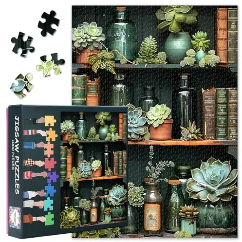 Botanisches Regal-Puzzle 1000 Teile - Naturgetreu Sukkulenten & Antiquarische Bücher, Detailreich 50x70 cm Literarisch Inspiriertes Sammlerpuzzle Sammlerstück