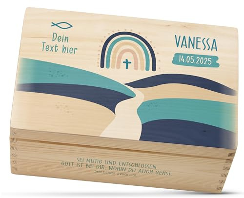Amari® Personalisierte Holzkiste (Glaubensweg) | Erinnerungsbox aus Holz zur Taufe, Kommunion, Konfirmation, Firmung, Ostern | Geschenk für Mädchen & Jungen