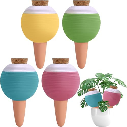 4 PCS Plant Terracotta Watering Devices, Large Plant Watering Globes, Self Watering Spikes with Wooden Stopper for Pots, Planters, Indoor & Outdoor Plants