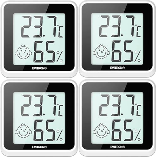 4x Mini Thermometer Hygrometer Innenraum digital – Temperatur- & Luftfeuchtigkeitsmesser – Komfortanzeige & Smileys – Aufstellen oder Ankleben – für Wohnzimmer, Büro, Babyzimmer & mehr