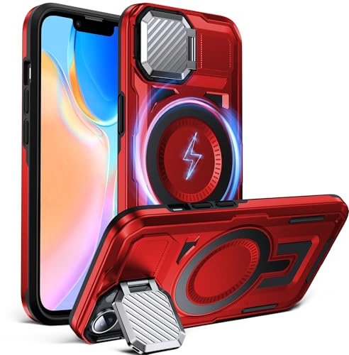 DASFOND Shield Series for iPhone 13/iPhone 14 Case with Camera Stand Cover [Compatible with MagSafe] Full Body Military Shockproof Protection Heavy Duty Rugged Magnetic Phone Case iPhone 14/13, Red