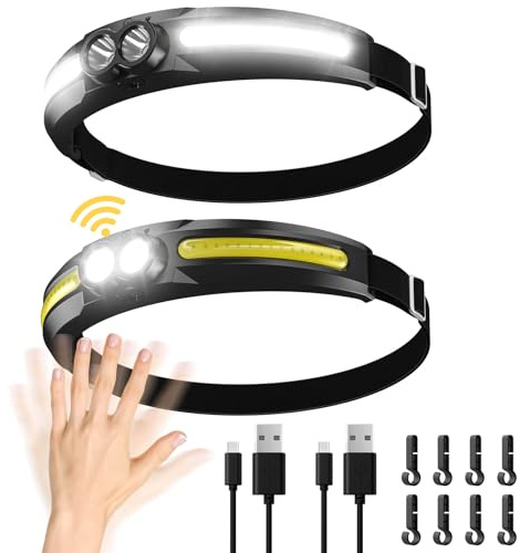 MoKo Linterna Frontal Recargable [2 Piezas], Linterna Cabeza Impermeable IPX4 de Haz Ancho de 300° con Sensor de Movimiento y 7 Modos de Luz, Luz Frontal Cabeza para Correr Camping Ciclismo