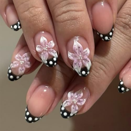 Radiella 24 Stück Schwarz French Tip Press On Nails Mandel, Kurz Künstliche Nägel mit 3D Blumen & Polka Dot Design, Falsche Nägel Zum Aufkleben für Frauen, Wiederverwendbar Maniküre Set