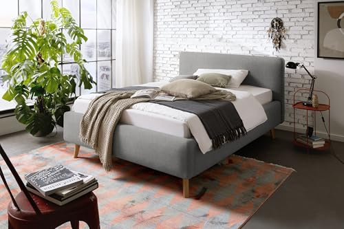 möbelando Polsterbett Mattis 120x200 cm – Modernes Bettgestell mit Stoffbezug in Grau, eichefarbenen Holzfüßen & glattem Kopfteil – Ideal für Gästezimmer & Jugendzimmer