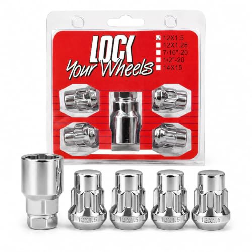 Locking Wheel Nuts Set M12 x 1.5, Wheel Lock Nuts with Key, Anti-Theft | 12.9 carbon steel, chrome finish, 32mm length, 60° taper seat, 19/21mm hex; selected Ford Toyota Nissan Honda Mazda
