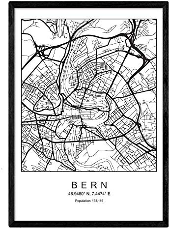 Nacnic Drucken Stadtplan Bern skandinavischen Stil in schwarz und weiß. Plakat A4 bedruckte Papier Keine 250 gr. Gemälde, Drucke und Poster für Wohnzimmer und Schlafzimmer