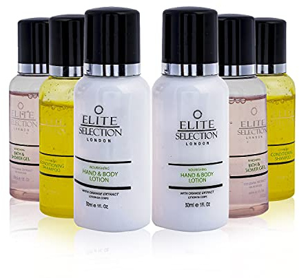 Conditioning Shampoo + Bath & Shower Gel + Hand & Body Lotion 30 Mil Bottles for Luxury Hotels & B&B Pack of 30 (10 Each) Elite
