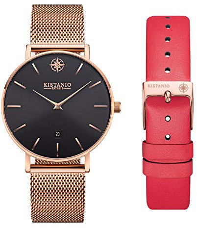 Kistanio Moyen Damenuhr mit Saphirglas und Milanaiseband + Extra Lederband RG-BLKS-M-L-RTN