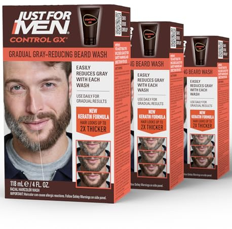Just for Men Control GX Grey Reducing Beard Wash Shampoo with Keratin, Gradually Colors Mustache and Beard, Leaves Facial Hair Thicker Softer and Fuller, 4 Fl Oz - Pack of 3 (Packaging May Vary)