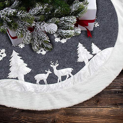 LLG Weihnachtsbaumdecke Weiß Grau,Christbaumdecke Rund, Weihnachtsbaum Dekoration,Feiertagsdekoration,Baumdecke Weihnachten, Tannenbaum Decke, Decke für Weihnachtsbaum 92cm Hirsch und Schneeflocke